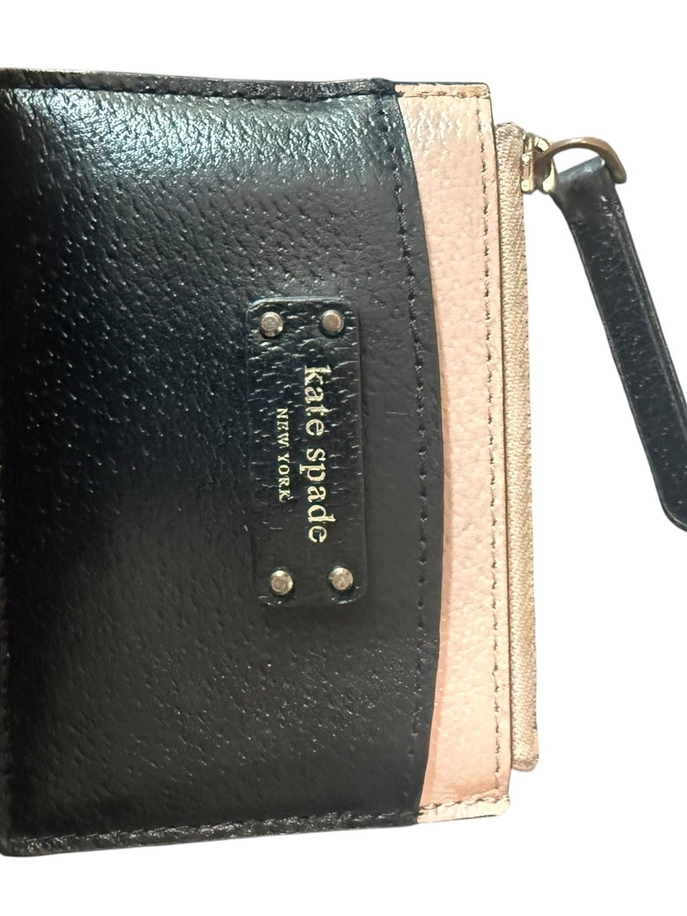 kate spade Black and Blush Leather Wristlet with Gold Logo Plate